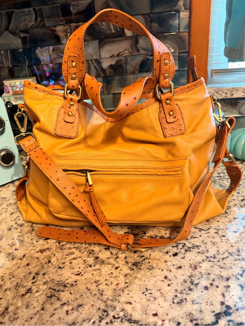 Donald J Pliner Mustard Yellow Leather Messenger Bag with Detachable Strap